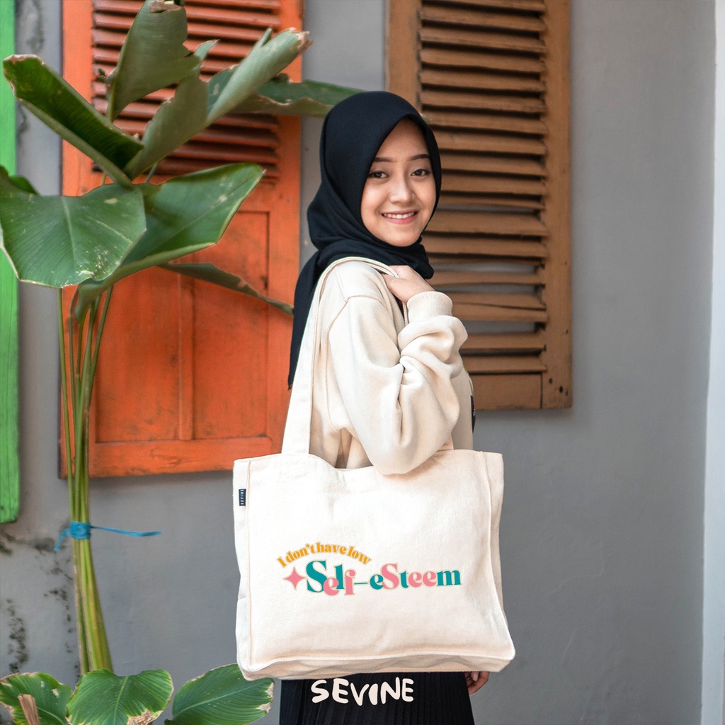 Sevine Totebag Kanvas Tas Wanita Tote Bag Kuliah Sekolah Kerja Dengan Kantong Laptop Quotes Aesthetic - KA