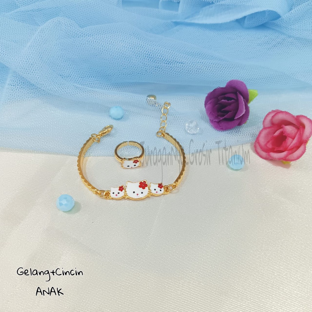 GELANG+CINCIN ANAK HELLO KITTY TITANIUM RANTAI MEWAH ANTI KARAT&amp;ANTI LUNTUR