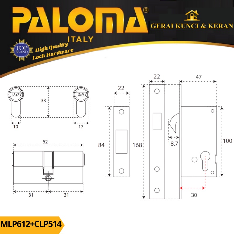 PALOMA MORTISE LOCK CYLINDER MLP 612 CLP 514 BODY KUNCI SLIDING 30MM CYLINDER 62MM KOMPUTER KEY SN