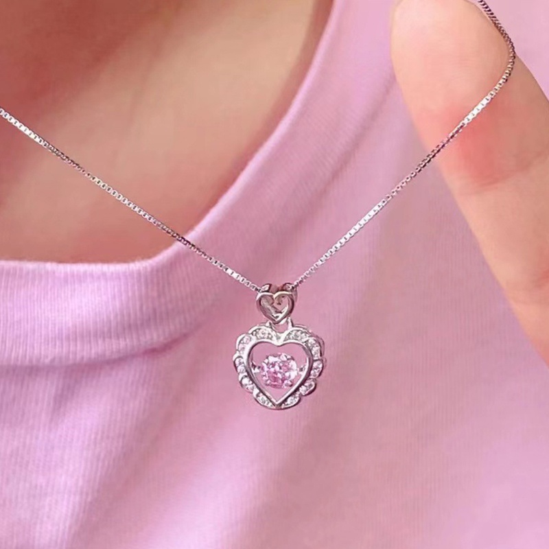 Kalung Rantai Klavikula Bentuk Hati Bahan Zirkon Warna Pink