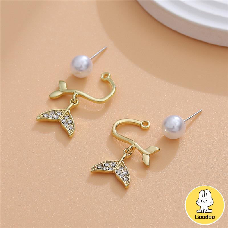 Pearl Fishtail Back Hanging Earrings Wanita High-end Cahaya Mewah Penuh Berlian Anting Geometris -Doo