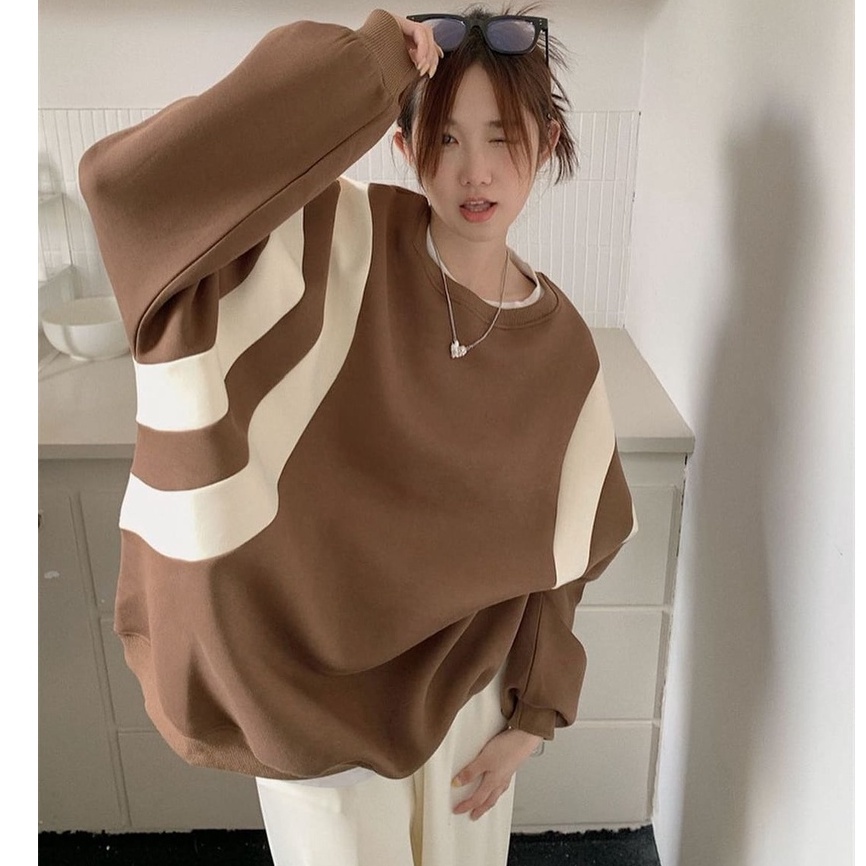 SWEATER OVERSIZE - LINES SWEATER OVERSIZE WANITA - CREWNECK BAHAN FLEECE