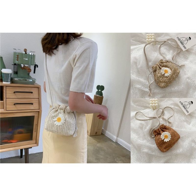 Tas Selempang Rajut Motif Bunga Daisy / Tas Serut