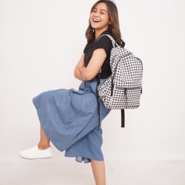 Mores Tas Ransel Laptop Wanita Niky Monokrom Tartan Korean Polyester backpack Nilon import remaja kuliah sekolah motif Gingham Hitam Putih