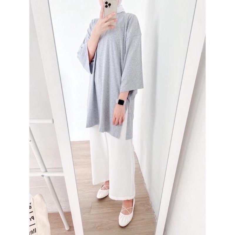 Basic Oversized Kaos Polos Wanita Jumbo Lengan Panjang 7/8 Cotton Combed