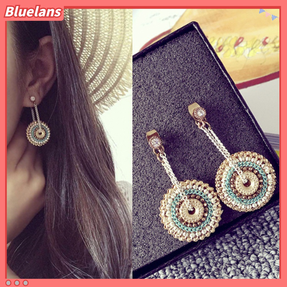 Anting Tusuk Gantung Desain Bulat Hias Berlian Imitasi Gaya Bohemian Handmade Untuk Wanita