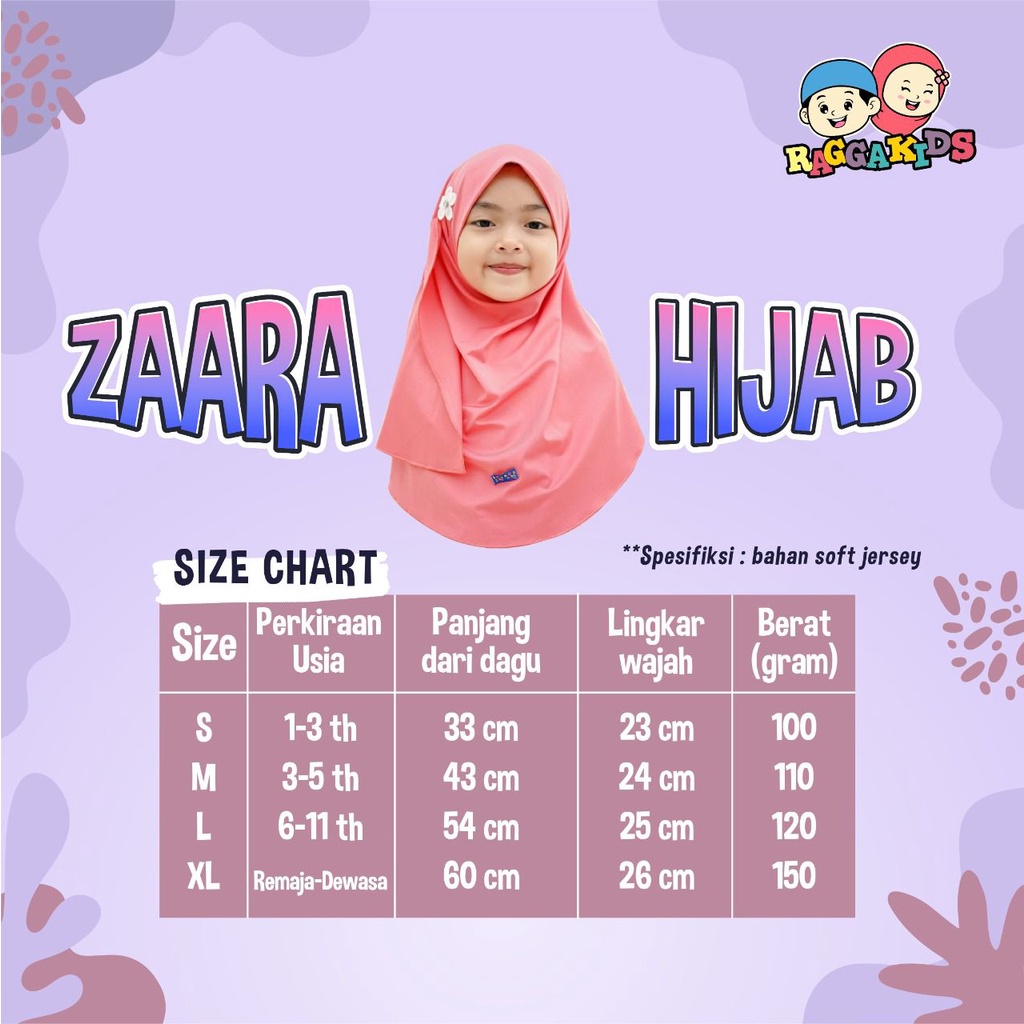 Jilbab Khimar Pashmina Instan Hijab Anak Seragam Sekolah Mengaji  Bayi Remaja 1-13 tahun Khimar Bergo Pastan Zaara Hijab