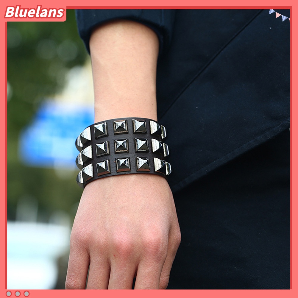 Bluelans Punk Men Women Club Square Rivet Studded Wide Cuff Faux Leather Bangle Bracelet