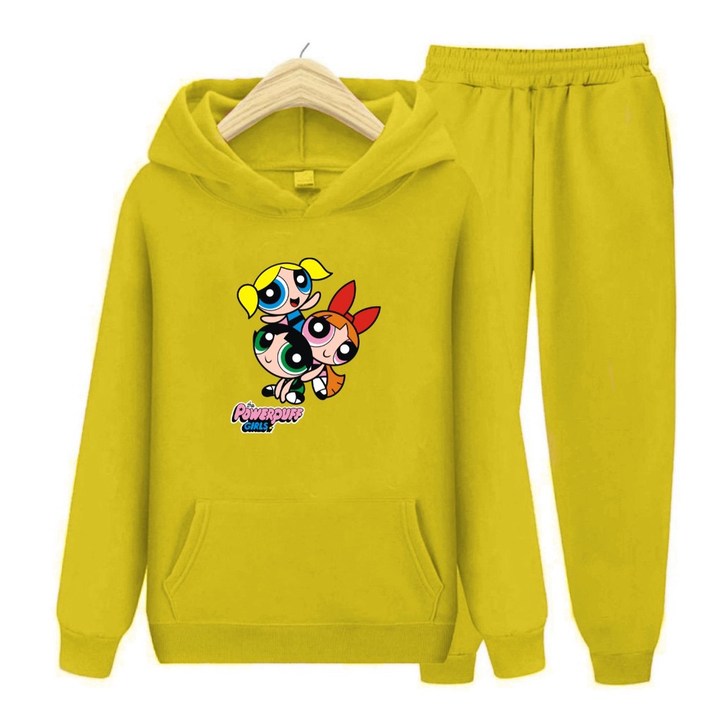 Setelan Sweater Anak Hoodie PowerPuff Girl/ Baju Topi Anak Perempuan