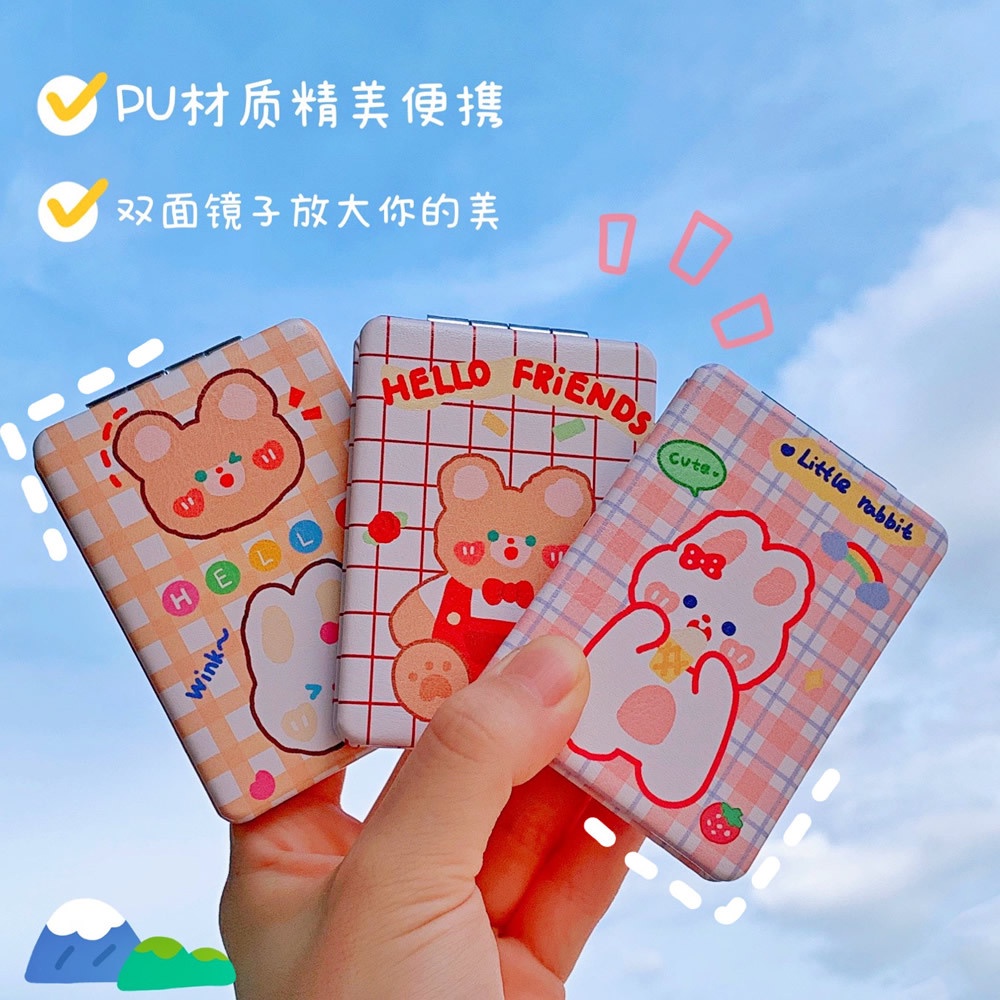Kaca Cermin Travel Bulat / Kotak Lipat 2 Sisi Portable Mini Hand Mirror Pocket Berkualitas Motif Karakter Korea Animasi Kartun Cermin Rias Make Up Mini Kaca Pembesar Lucu Cute Double-Sided Mirror