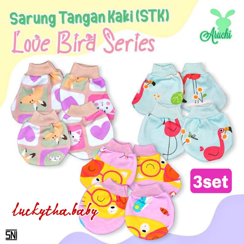 3psg- Velvet junior , aruchi sarung tangan dan kaki bayi motif cheetah,love bird new born/ stk bayi ARUCHI/ sarung tangan dan sarung kaki baby girl