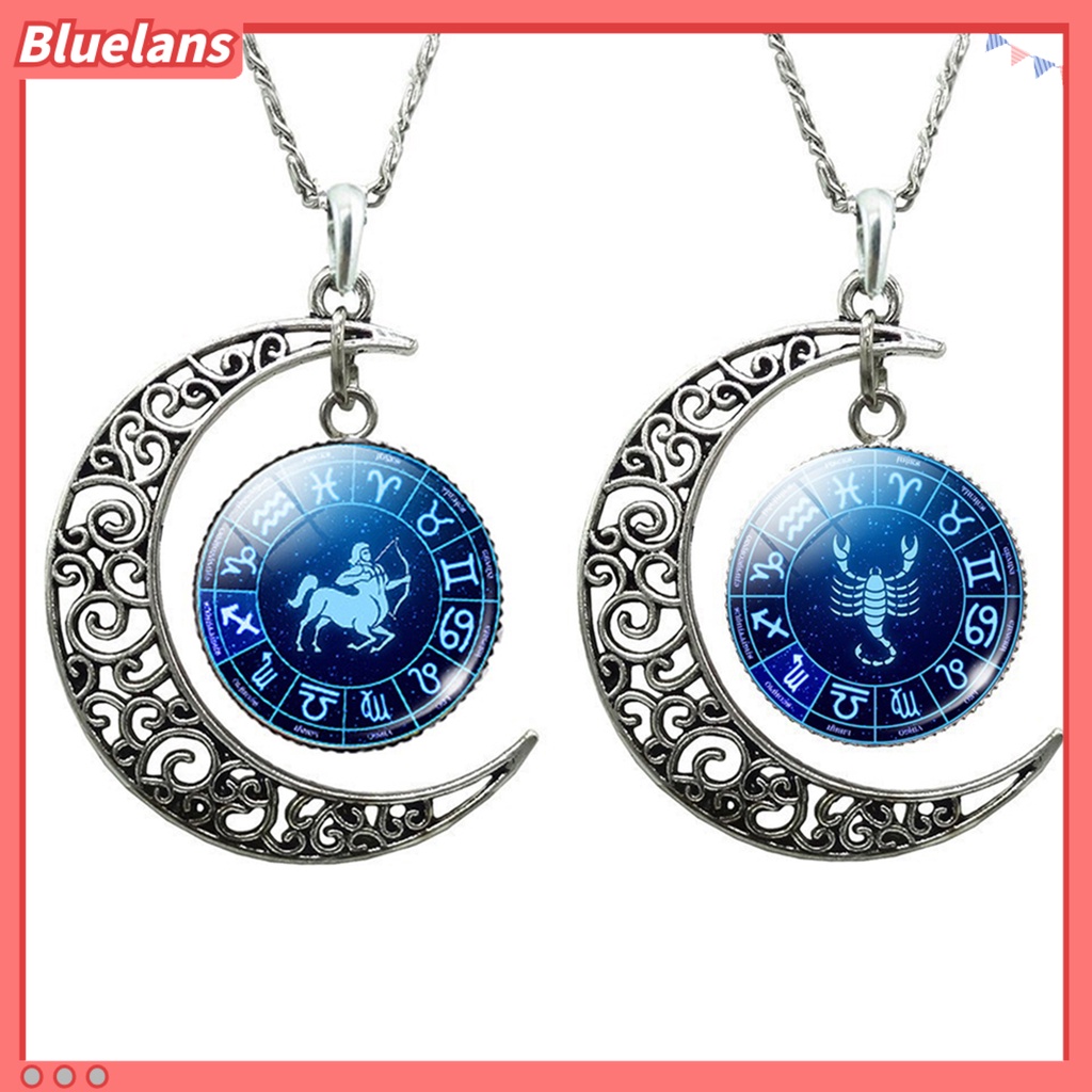 Bluelans Unisex Faux Gem 12 Constellations Hollow Crescent Moon Chain Necklace Jewelry Gift