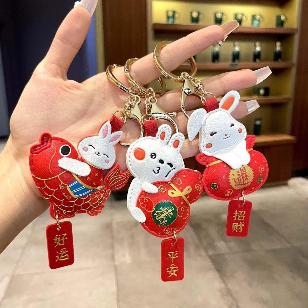 Lanfy Gantungan Kunci Imlek Warna Merah Hadiah Tahun Baru Hadiah Anak Karakter Cina Rabbit Key Pendant