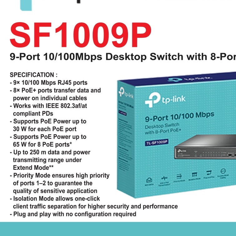 TP-LINK TL-SF1009P 9-Port 10/100Mbps Desktop Switch with 8-Port PoE+