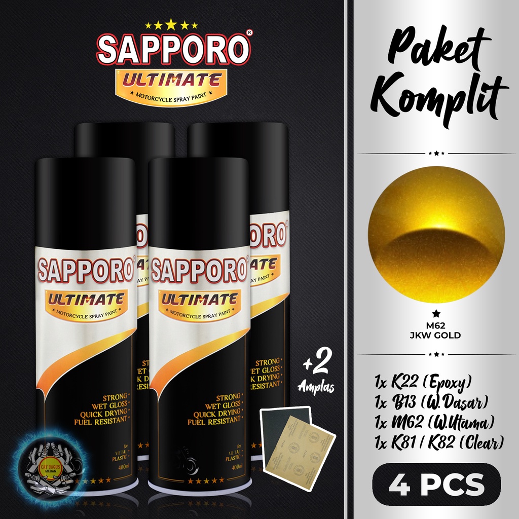 PAKET M62 JKW GOLD SAPPORO ULTIMATE CAT SEMPROT 400 ML CAT MOTOR AEROSOL PYLOX KUNING EMAS METALLIC 
