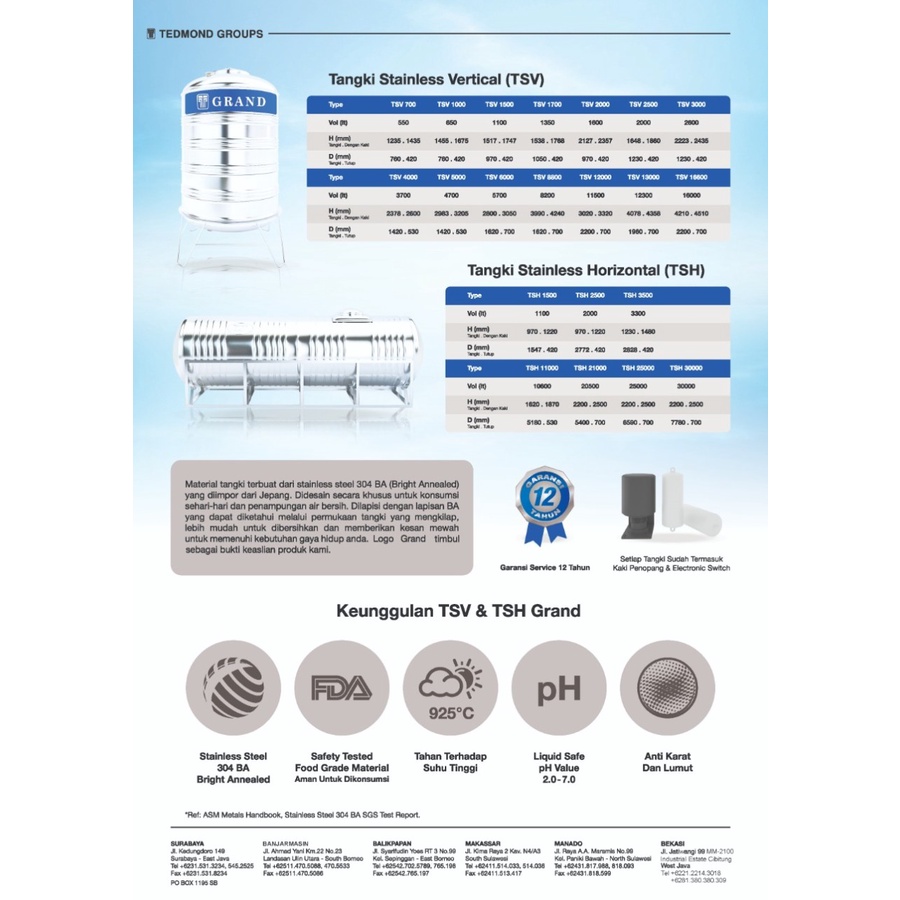 Tangki Air Tandon Stainless Horizontal Grand Type TSH 1500 Liter Anti Lumut Tangki Air 1100 L NEW PRODUCT