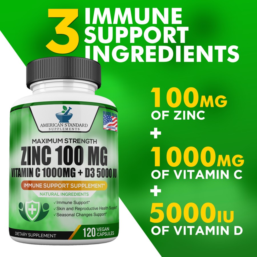 Zinc 100 mg Vitamin C 1000 mg Vitamin D 5000IU American Standard Supplements