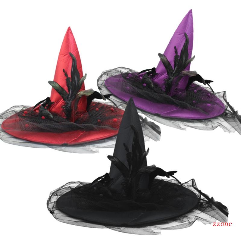 Topi Penyihir Bahan Lace Aksen Bulu Untuk Dekorasi Pesta Halloween