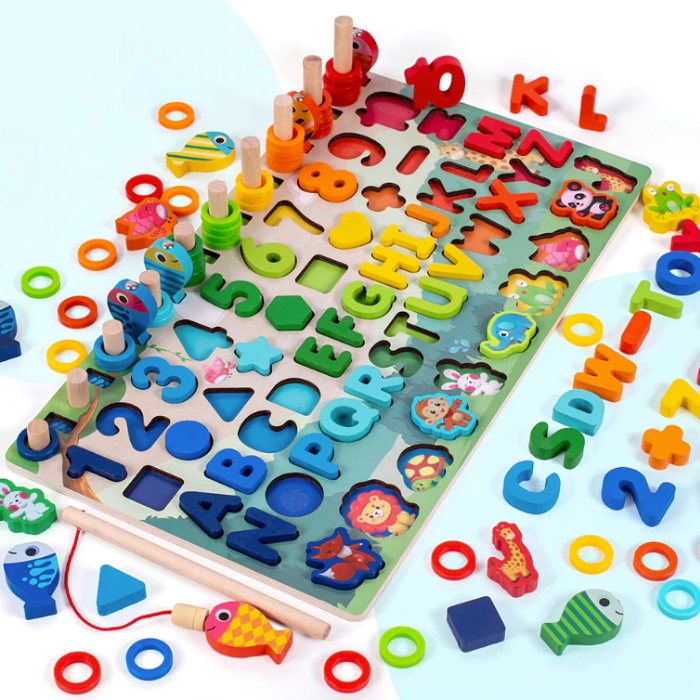 Mainan Edukasi Anak Puzzle Balok Kayu 3D Shape Matching Angka Alphabet