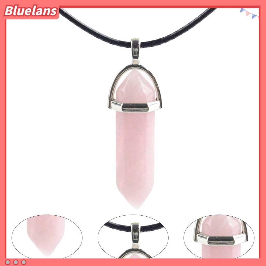 Bluelans Kalung Tali Hitam Adjustable Dengan Liontin Batu Heksagonal Alami Untuk Wanita