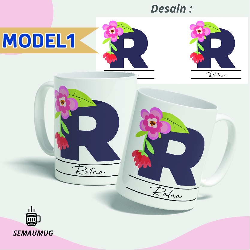 MUG ABJAD TEMA BUNGA BISA REQUEST NAMA KADO GELAS CANGKIR  PRINT CUSTOM SEMAUMUG