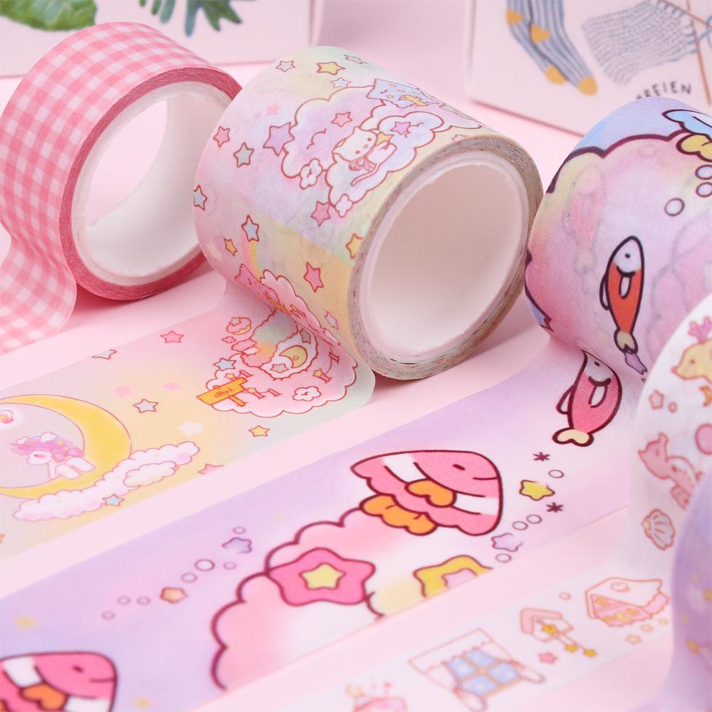 Chookyy 8roll/set Washi Tape Perlengkapan Sekolah Daun Hijau Kaktus Dicetak Multi-Warna Hias Scrapbooking Stiker