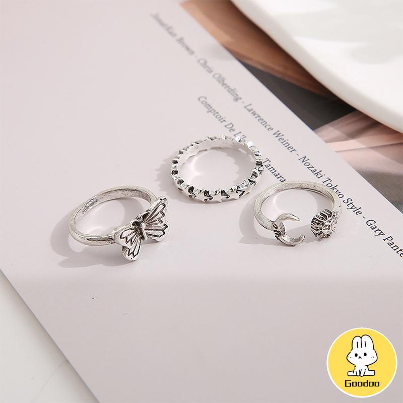 Cincin Gabungan Terbuka Kreatif Retro Star Moon 3-piece Set Cincin -Doo