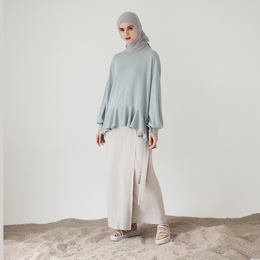 Daru by Aska Label - Atasan katun knit wanita blouse rajut lengan panjang warna coksu cream, abu, biru dusty