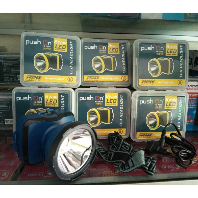 Senter Kepala Push On HL2800 Cahaya Kuning 8W 8 Watt LED Super BrightSpesifikasi :- Tegangan pengisi