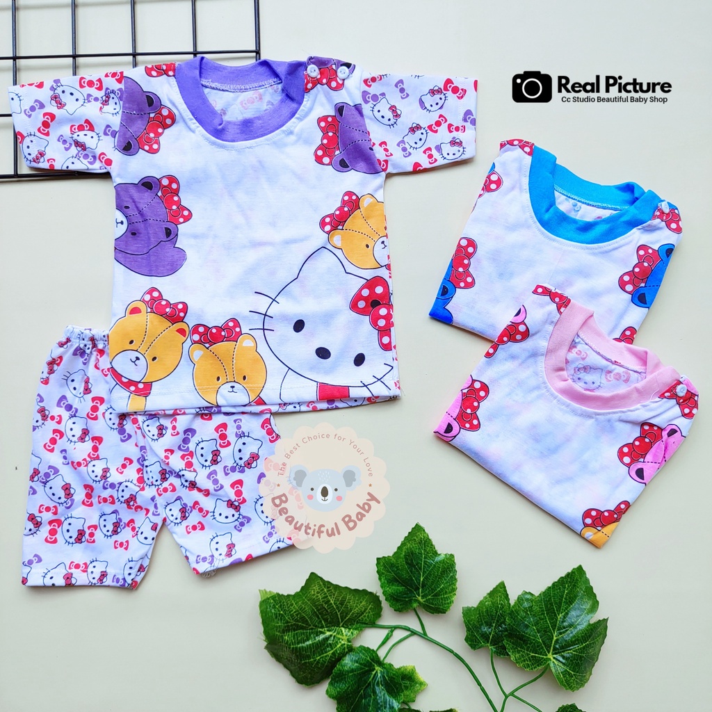 Setelan Baju Bayi Perempuan 3-12 bulan Motif Hello Kitty / Setelan Pendek Bayi / Celana Pendek Bayi / Kaos Oblong Bayi Perempuan / Baby.ou