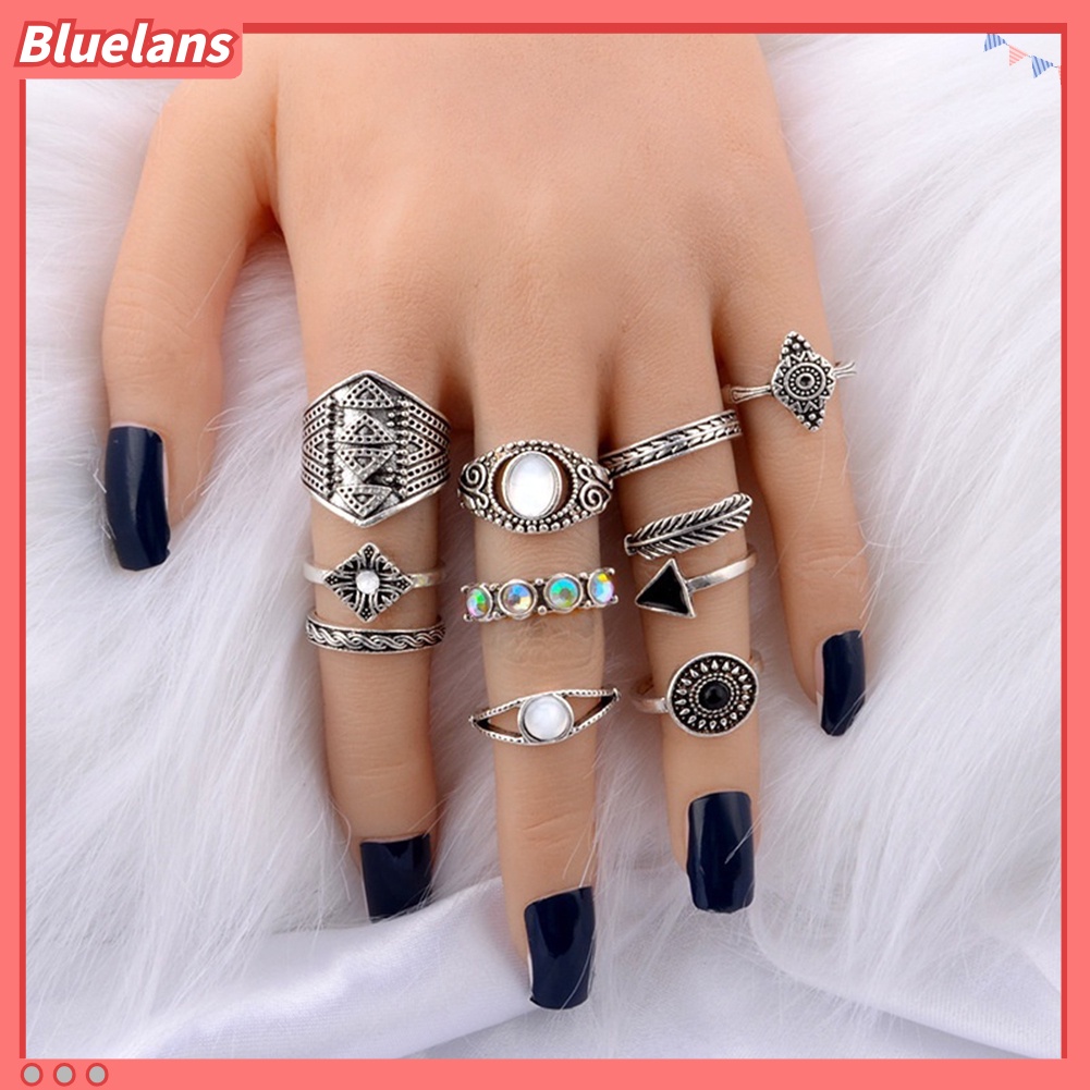 Bluelans 10Pcs Boho Women Retro Sun Feather Arrow Carved Knuckle Midi Stacking Rings