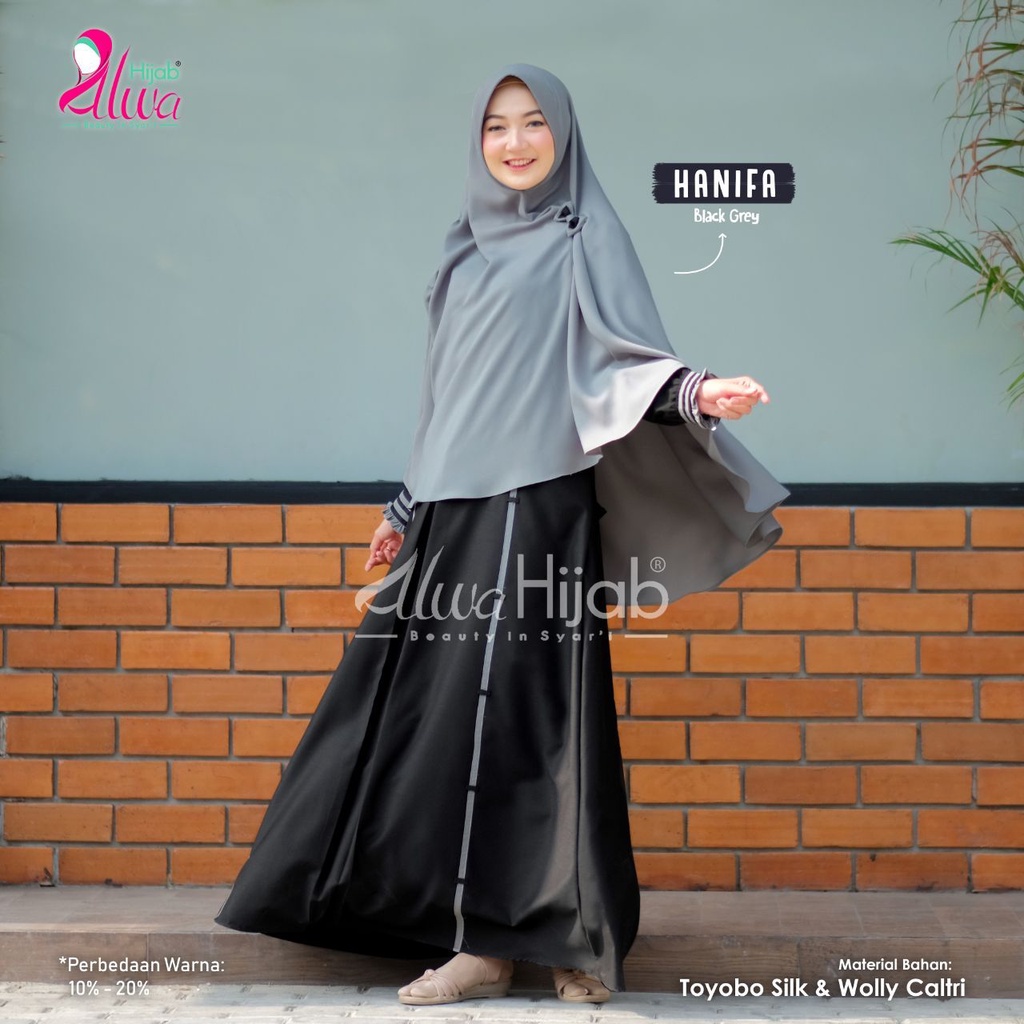 Gamis Set Hanifa Black Grey Ori Alwa Hijab