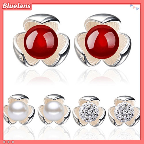 Anting Stud Desain Bunga Aksen Berlian Imitasi Bahan 925 Sterling Silver Untuk Pernikahan