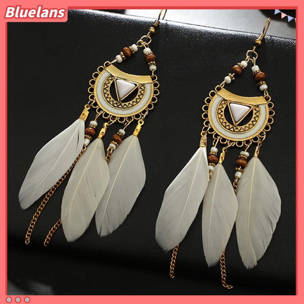 Anting Kait Gantung Wanita Desain Hollow + Rumbai Bulu Gaya Retro / Etnik Untuk Hadiah