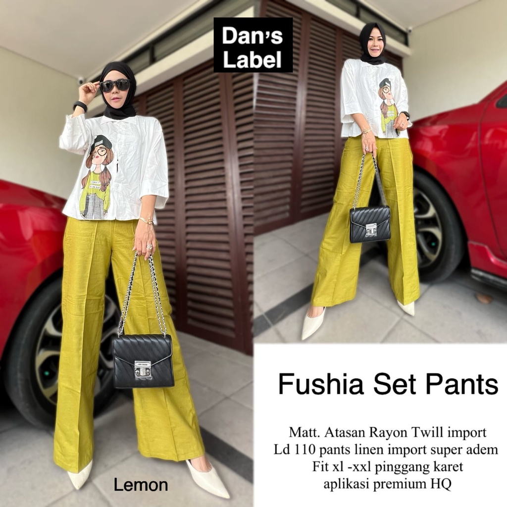 RESTOK FUSHIA SET PANTS CELANA BLOUSE PRINT ORI DANS LABEL 11/10