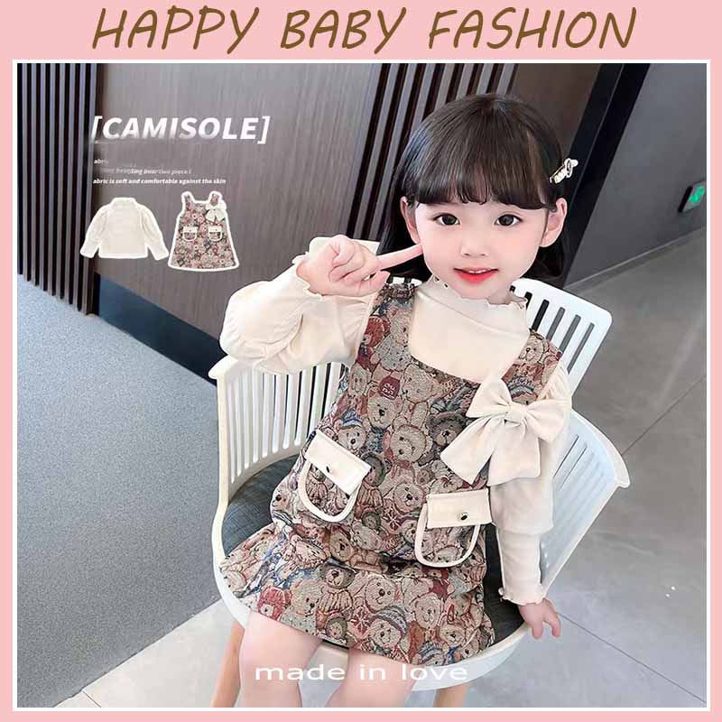 【Baru Datang】(0-4 Tahun )QZ-114 Dress Anak Cewek Gambar Bear 1 set dengan Pita disamping Elegan premium TERMURAH