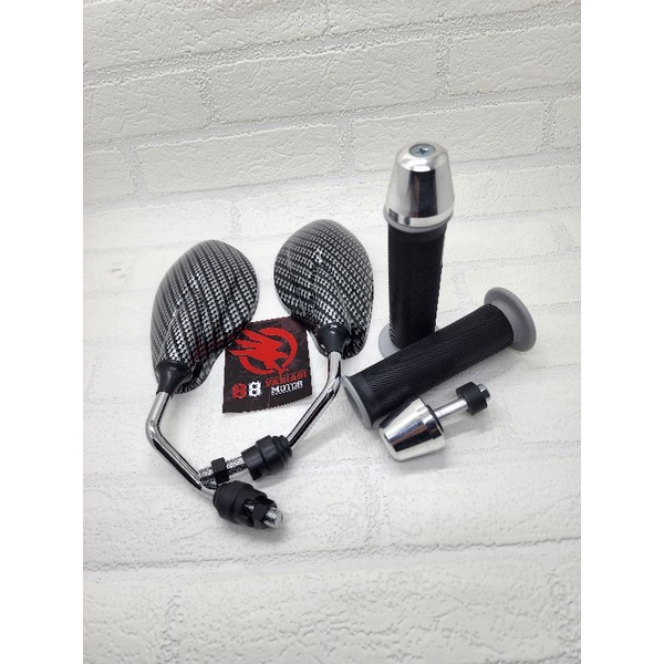 Paket 3 Item Spion X1 Karbon Terang Gagang Chrome + Handgrip Bulu Empuk Dan Jalu Stang Fu Chrome - Paket Motor Honda Yamaha Bisa