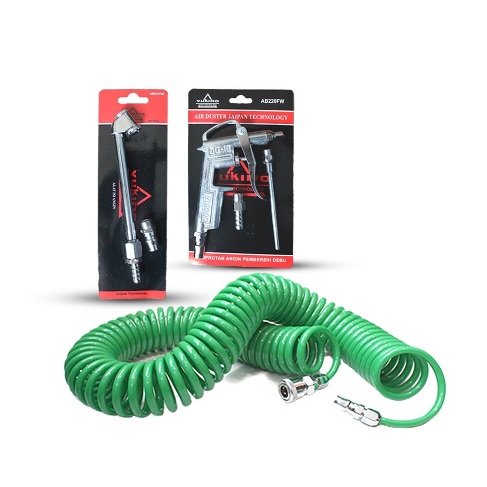 PROMO PAKET HEMAT 3ITEM!!YUKIDO Alat Service Bengkel Selang Angin Kompresor Recoil Spiral 6 Meter - Alat Semprot Angin Air Duster Gun DG-10 -TKR Alat Isi Angin Air Chuck 6 Inch