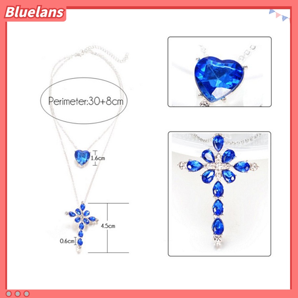 Bluelans Women Two Layer Cross Heart Full Rhinestones Pendant Necklace Chain Jewelry Gift