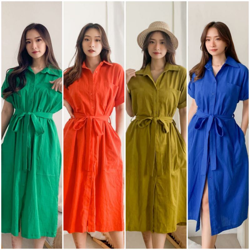 ❣️SPECIAL PRICE ♡ PREMIUM ♡ REALPIC ! CARLA [ LINEN / JEANS DENIM ] COLLAR BUTTON OBI TIED MIDI DRESS  ( BUSUI FRIENDLY )