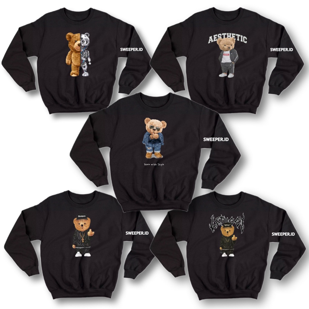 SWEATER CREWNECK TEDDY BEAR CAMPUR WARNA HITAM BAHAN FLEECE KODE TIGA BAHAN FLEECE