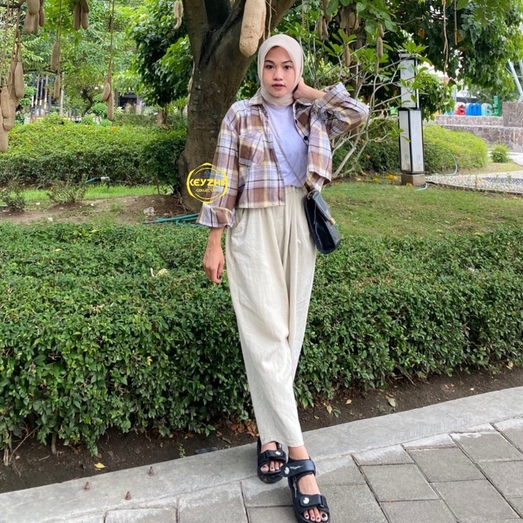 sasha balon crop tartan viral/kemeja crop flanel