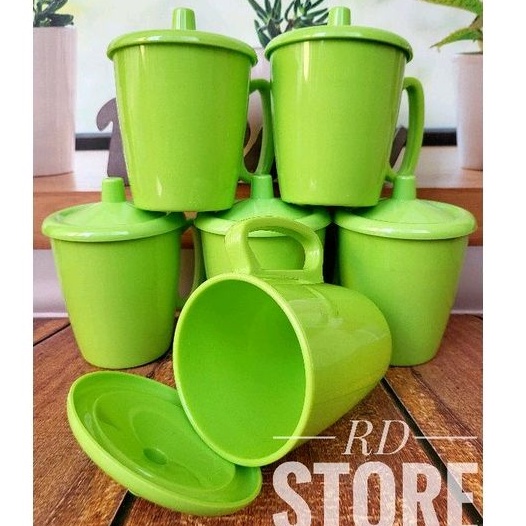 PROMO 6.PCS CANGKIR GAGANG TUTUP MELAMINE POLOS