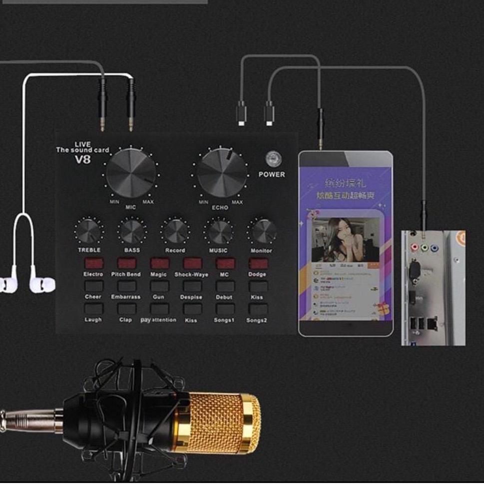 Recomended PAKET 1 SET KOMPLIT Condenser Michrophone + V8 SOUNDCARD BLUETOOTH
