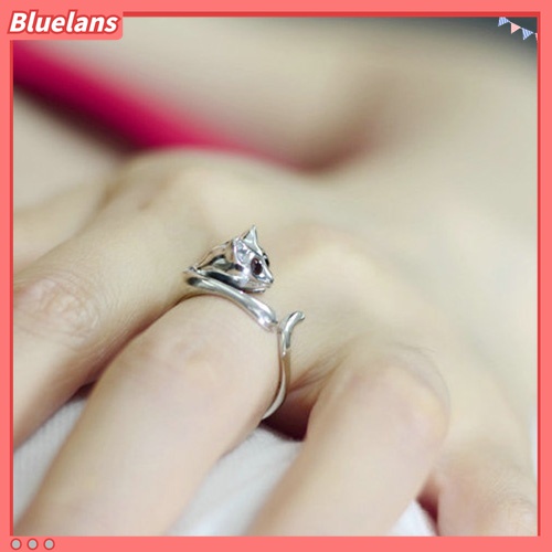 Cincin Model Terbuka Adjustable Bentuk Hewan Kucing Aksen Berlian Imitasi Untuk Wanita