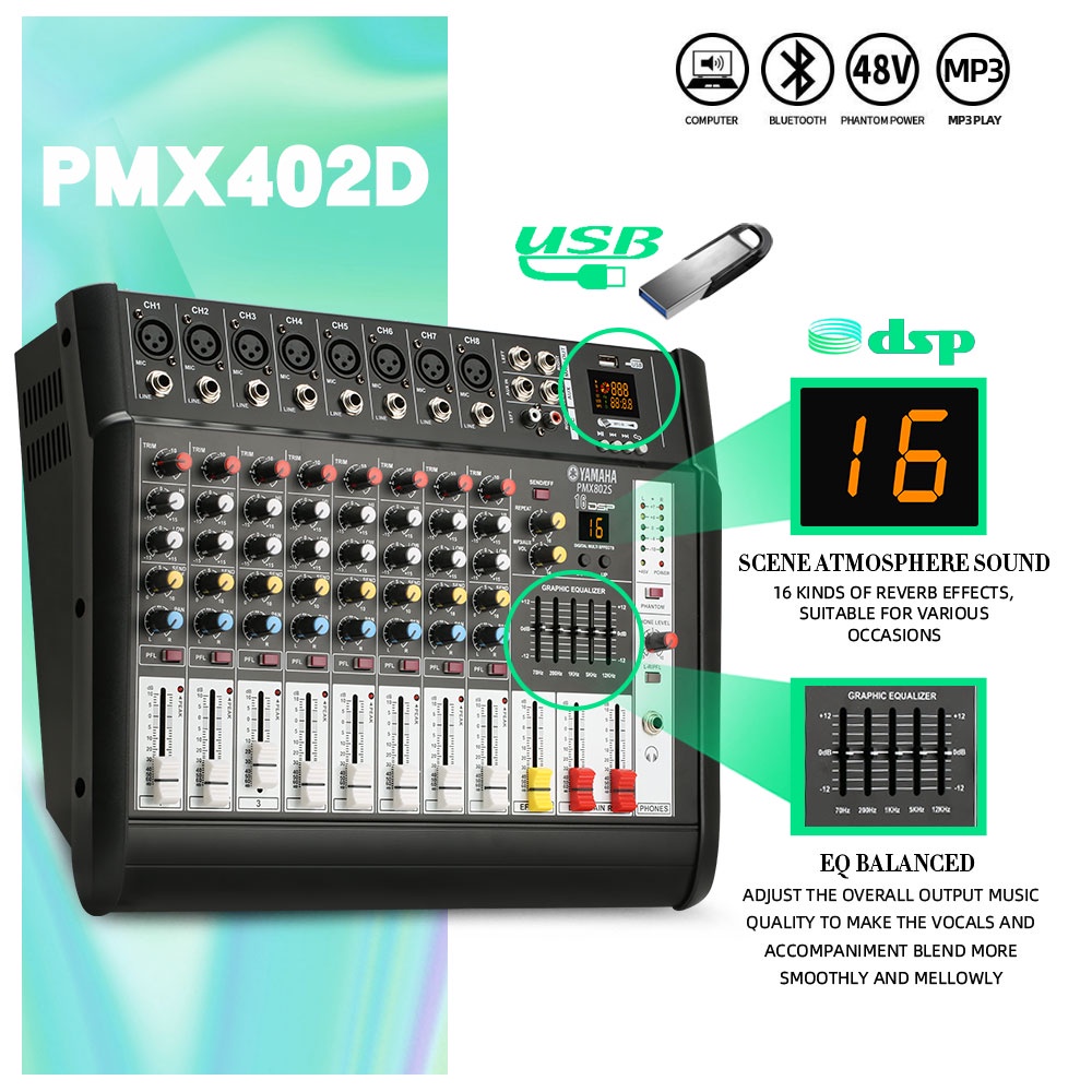 Mixer Audio Profesional Y PMX802S 8 sound strip built-in 650 watt power amplifier * 2 saluran 2 mikrofon nirkabel genggam 16DSP Layer 2 Equalizer Mendukung pemutaran Bluetooth/USB/MP3/PC Peralatan bernyanyi luar ruangan KTV