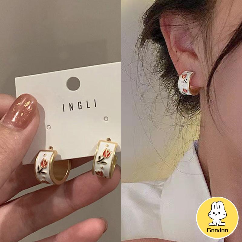 Retro Musim Semi Tulip Lingkaran C Cincin Gaya Hong Kong s925 Sterling Silver Stud Earrings -Doo