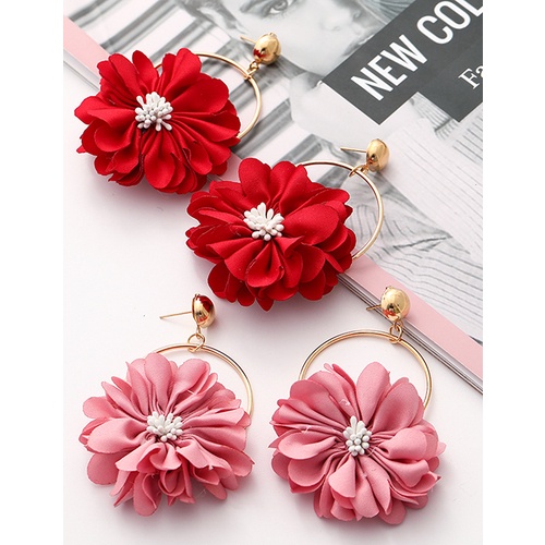 LRC Anting Tusuk Fashion Multi-layer Chiffon Cloth Lace Flower V3586X