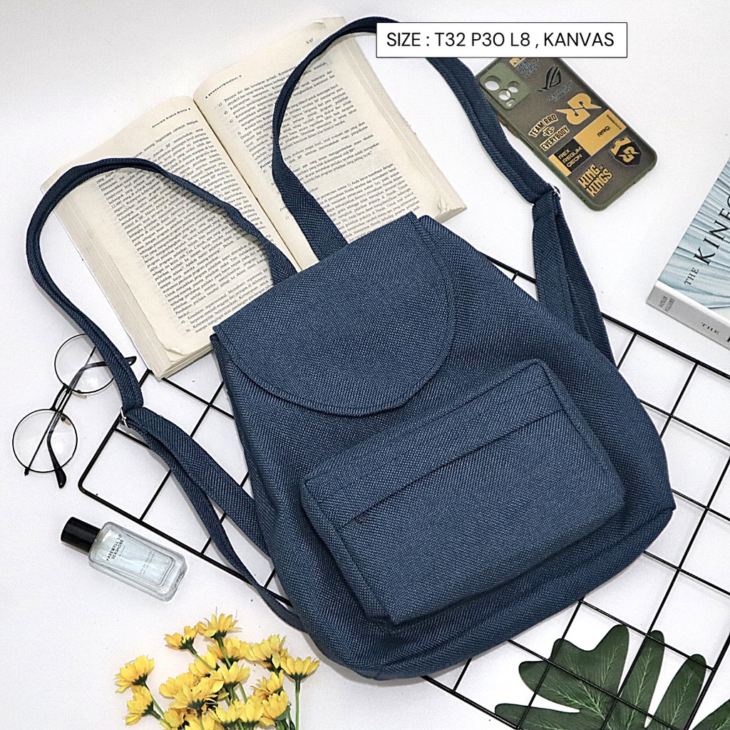 Bayar di Tempat COD Tas Ransel Serut Bahan Kanvas KANTONG Depan Ukuran Medium tas punggung wanita-Warna 702