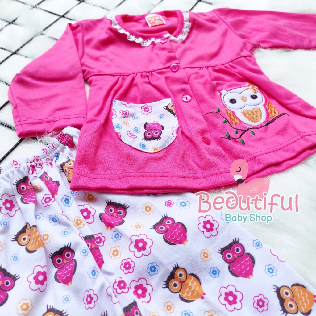 Baby.ou - Setelan Baju Bayi Lengan Panjang Celana Panjang Motif Bordir OWL / Setelan Piyama Bayi Perempuan 3-12 Bulan / Baju Bayi Perempuan Yeiko